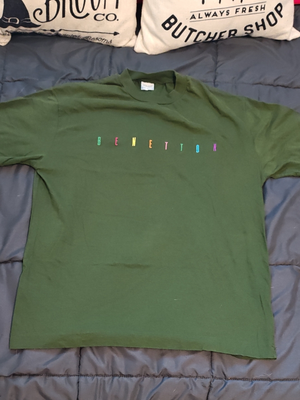 Benetton Green Crewneck Tee with Multicolor Logo Made In Spain